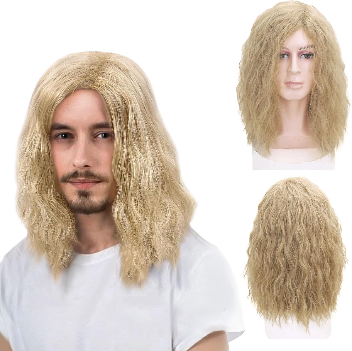 SnelShoppen - Lange Blonde Krullende Wieg voor Mannen - 16 inch Mid-Lengte Cosplay en Kostuum Wieg voor Feest, Halloween en 70s 80s Thema's - Natuurli