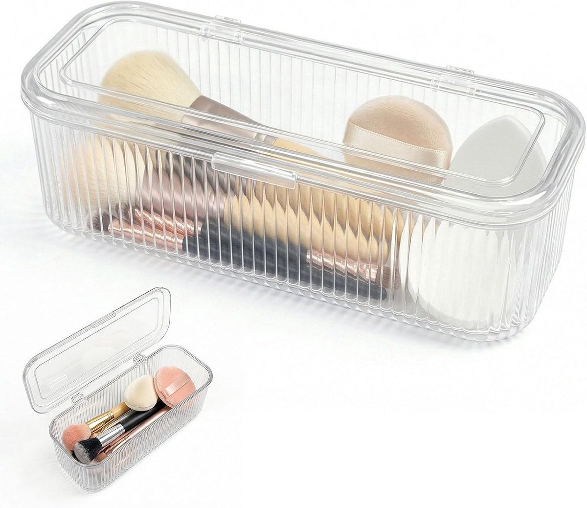 SnelShoppen - Makeup Brush Holder Organiser Transparant met Deksel 25 x 11 x 9.2 cm - Cosmetica Opberging PET Acryl Stofdicht voor Borstels, Sponsen,