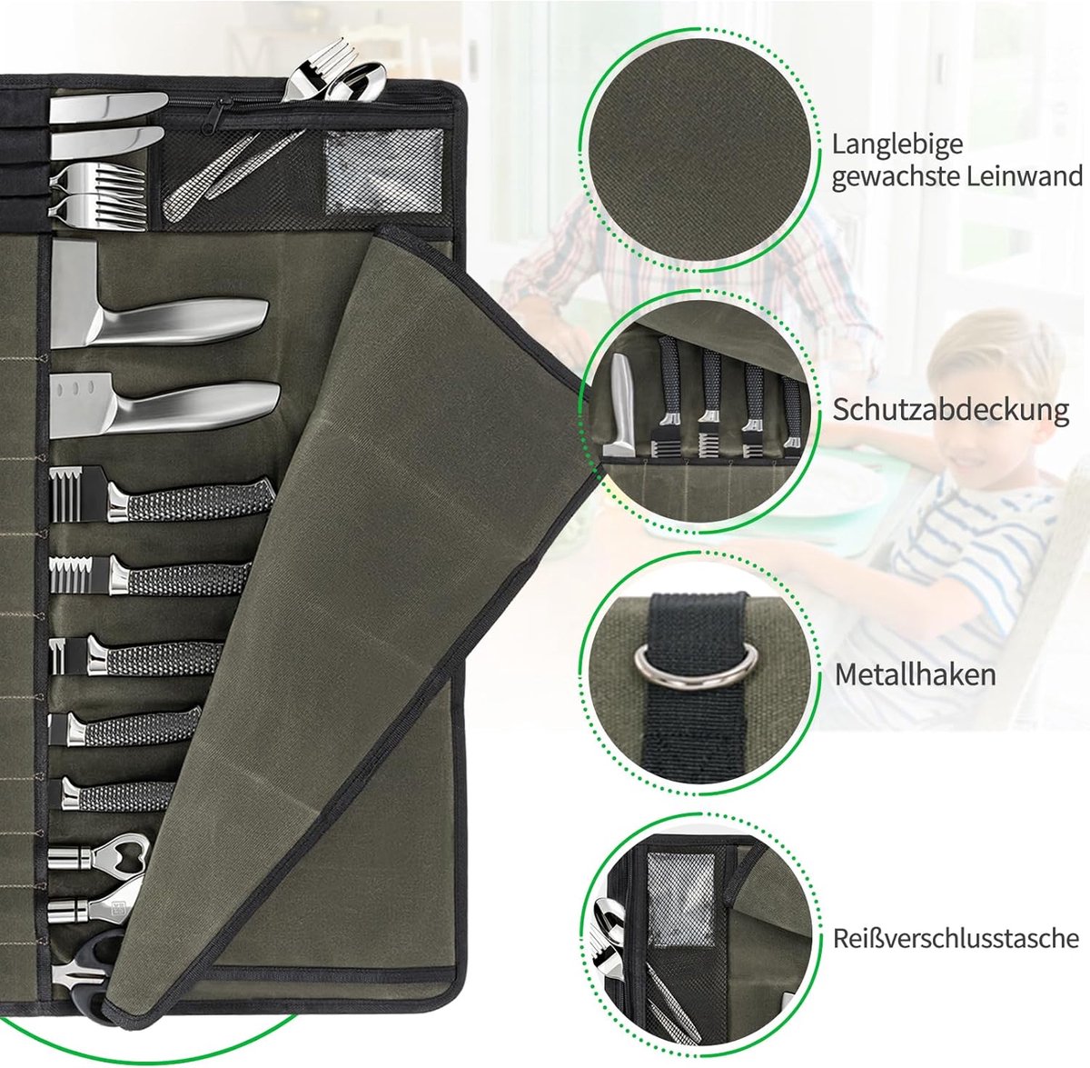 SnelShoppen - Professionele Chef Koksmes Tas met 14 Compartimenten, Army Green, Ideaal voor Keuken, Camping, Culinair Onderwijs, Maat 69.5 cm x 47.5 c