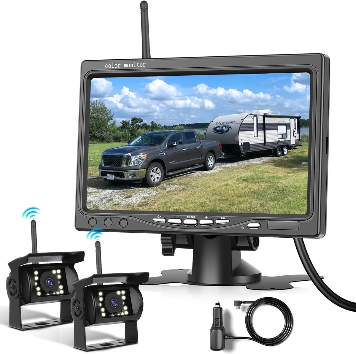 SnelShoppen - Draadloos Backup Camerasysteem met 7 Inch Scherm, Waterdichte Achteruitrijcamera met IR Nachtzicht voor Voertuigen, Veilig Parkeren en A