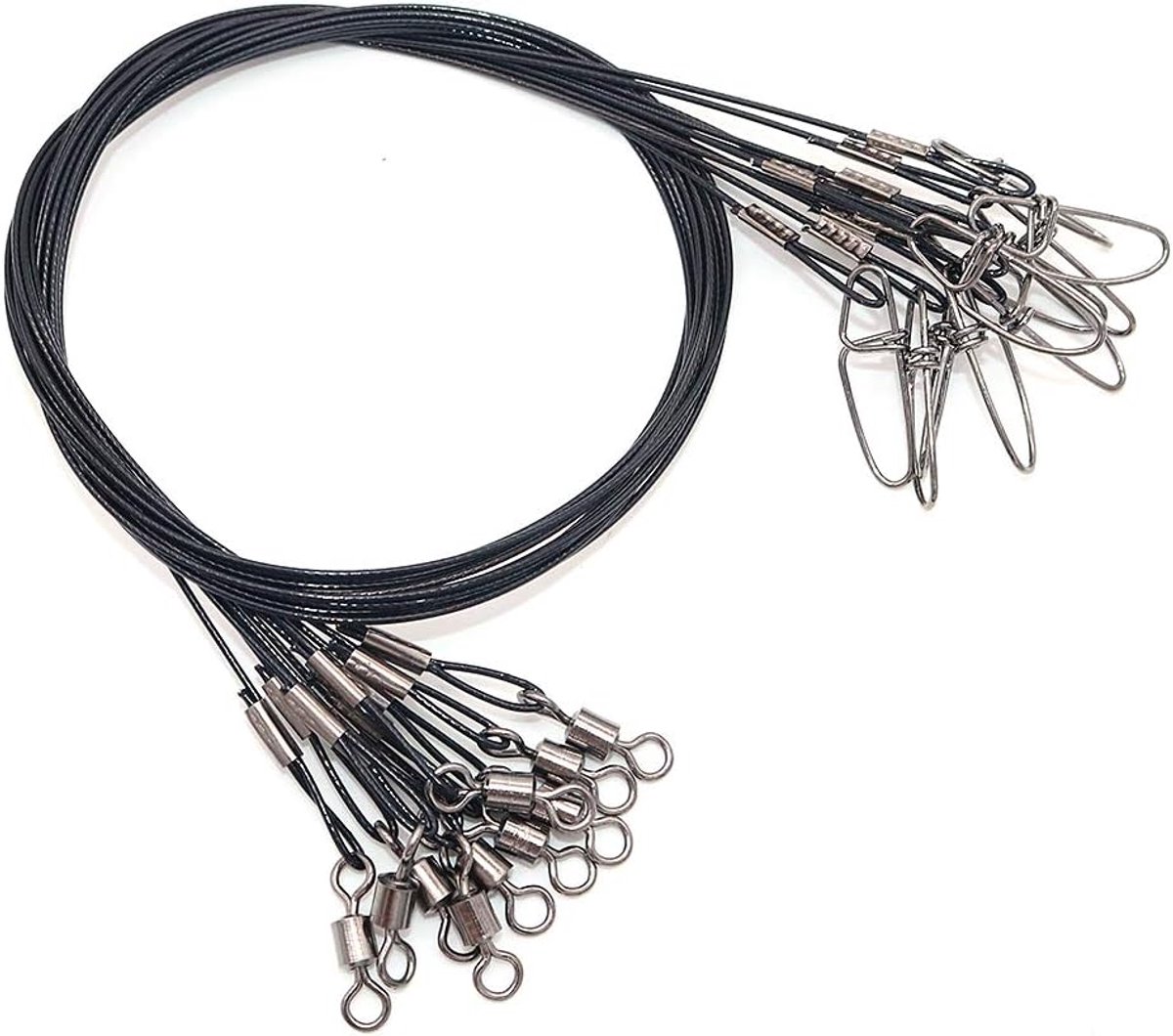 SnelShoppen - 20PCS Vissen RVS Draad Leiders met Swivels en Push Buttons - 19 Inch - 100 lbs Sterke Vislijn Leiders - Zwart voor Zware Vistoepassingen