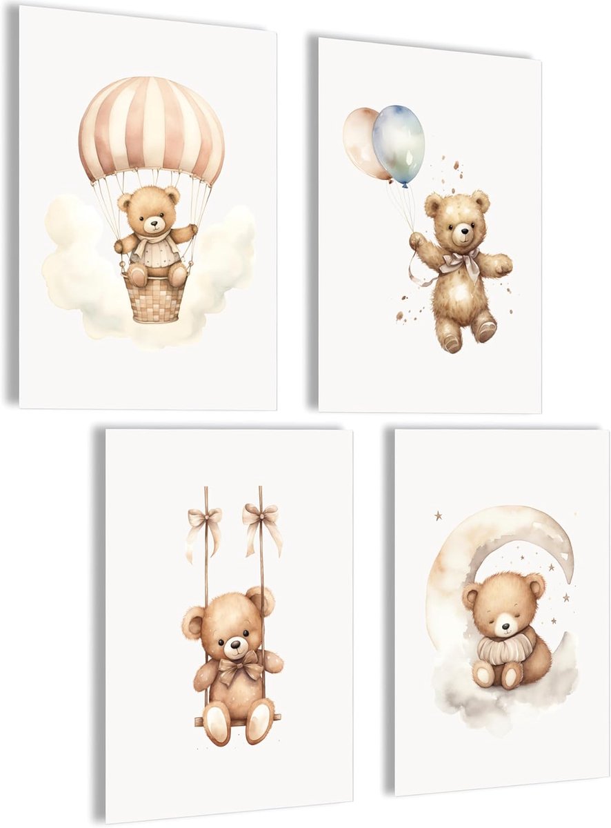 SnelShoppen - Mojoliving Kinderen Kamer Posters Set - Wanddecoratie Meisjes Jongens Nursery Teddybear Motief - Hoge Kwaliteit - 4 Stuks
