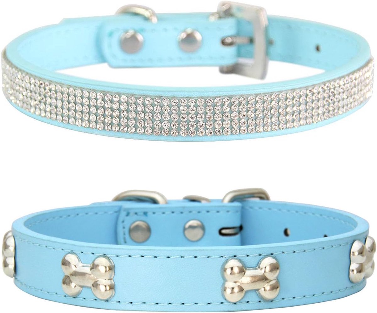 SnelShoppen - Pack of 2 Hondenhalsbanden Leer met Strass, Hondenhalsband voor Kleine Honden en Katten, Geschikt voor Klein en Middelgroot, Luchtblauw,