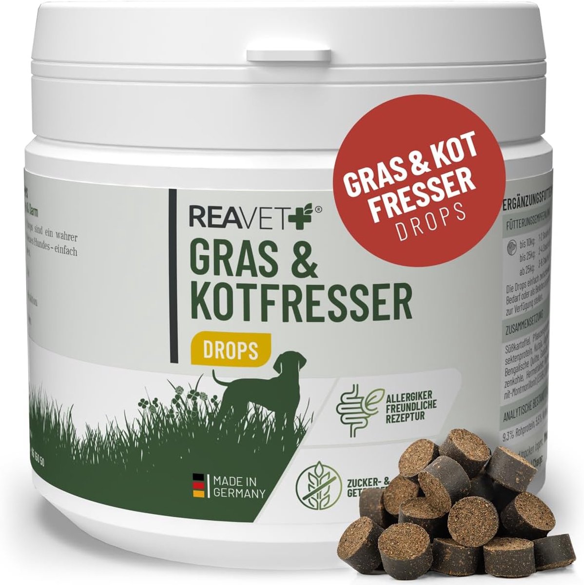 SnelShoppen - ReaVET Gras- en Poepetersdruppels voor Honden - Kalmerende Stomach Drops - Natuurlijke Ingrediënten voor Hartbrand en Gras Eten - 50ml