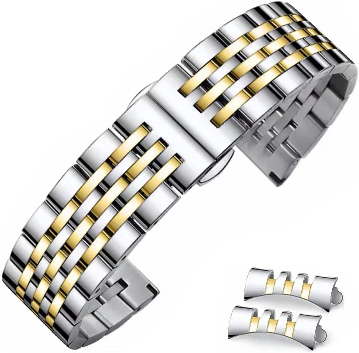 Watch Band Stainless SteelMetal Bracelet with Straight and Curved Tip Premium Solid Metal Watchband Straps 16mm 18mm - ShopVlot
