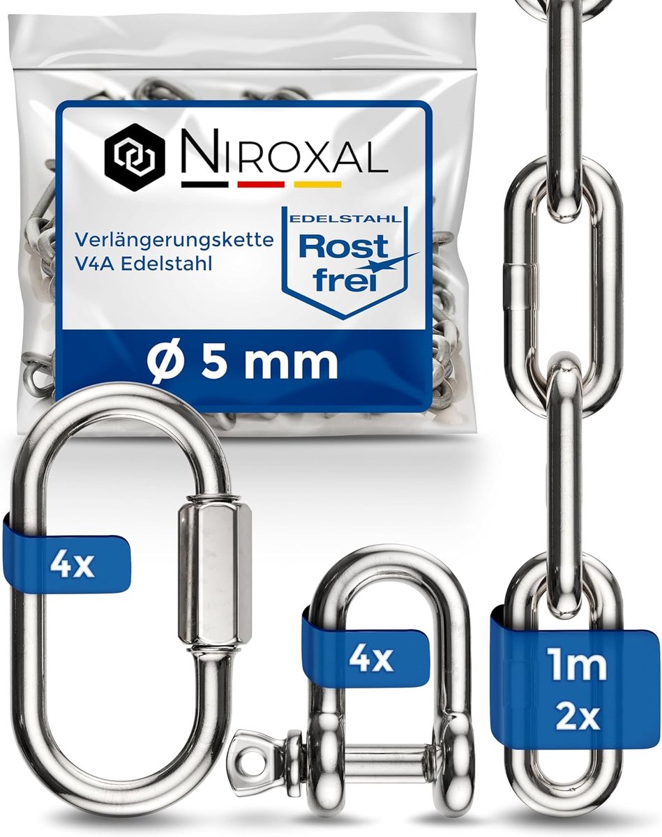 Stalen verlengkettng 100cm 5mm - V4A roestvrij staal - 900kg draagvermogen - ideaal voor bevestiging - ShopVlot