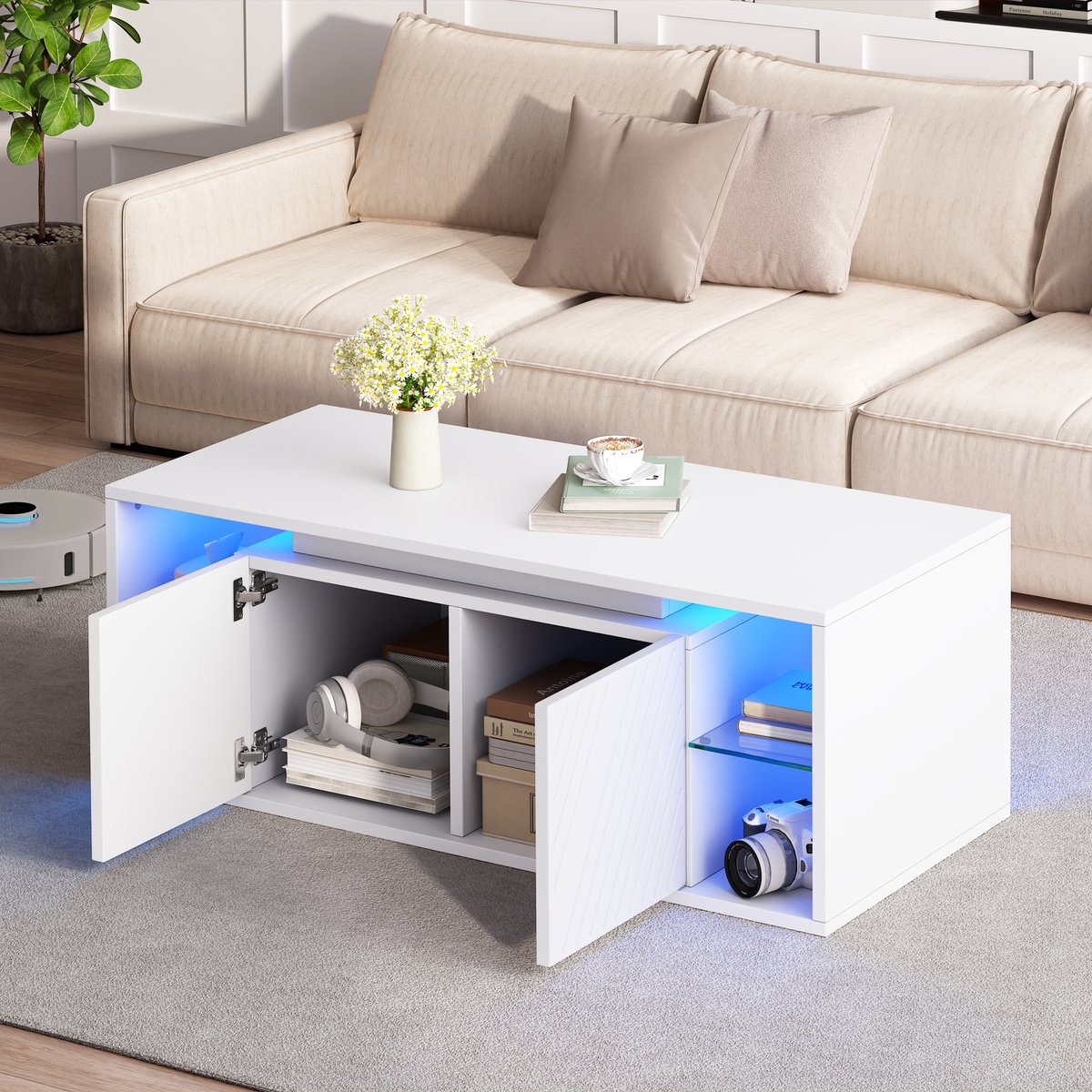 MODFU Salontafel - LED-Verlichting En Opbergruimte - Modern - Spaanplaat - Wit - 100x50x41 Cm