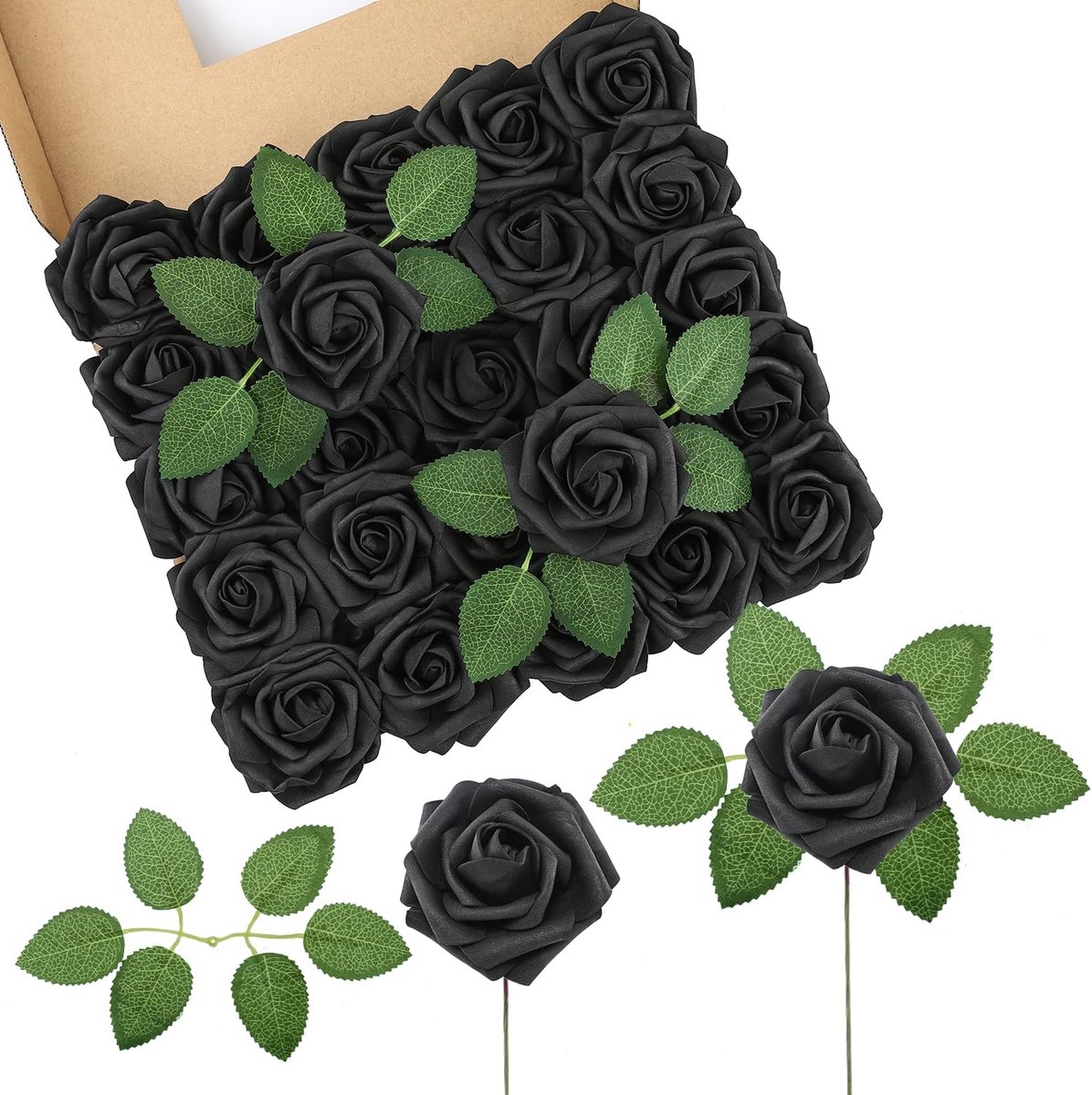 50 stuks kunstmatige rozen bloemen zwarte neprozen echte touch schuim rozenhoofden voor bruiloft bruidsboeketten - ShopVlot