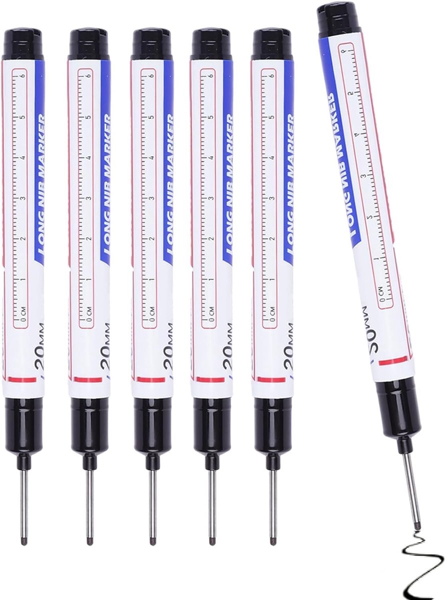 Pack of 6 Black Depth Markers – 20 mm Extra Long Tip, Permanent Water Resistant Ink, Tip 1–1.5 mm – for Wood, Metal - ShopVlot