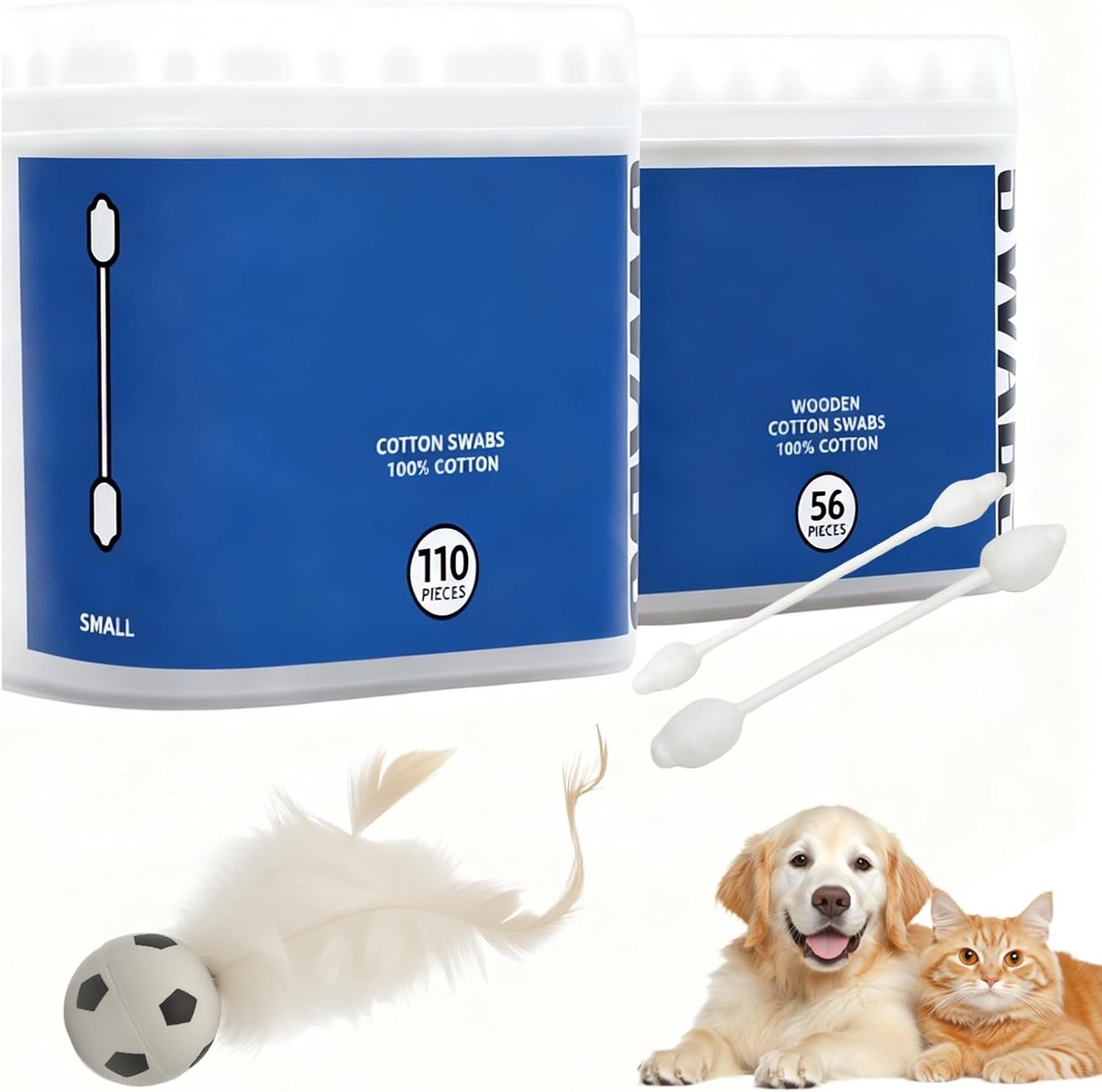 Oorreiniger Set voor Honden en Katten - Zachte Katoenen Oorstaafjes voor Oorreiniging, Oorsmeer Verwijdering en Oorzorg met 222 Stuks en Speelgoed Voetbal