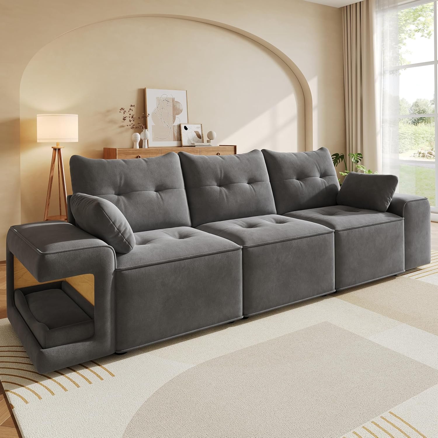 Moderne 3-zitsbank met opbergruimte, modulaire cloud sofa van fluweel, brede armleuningen en gevoerde huisdierniches, diepe zitbank met 2 kussens, woonkamerbank, grijs