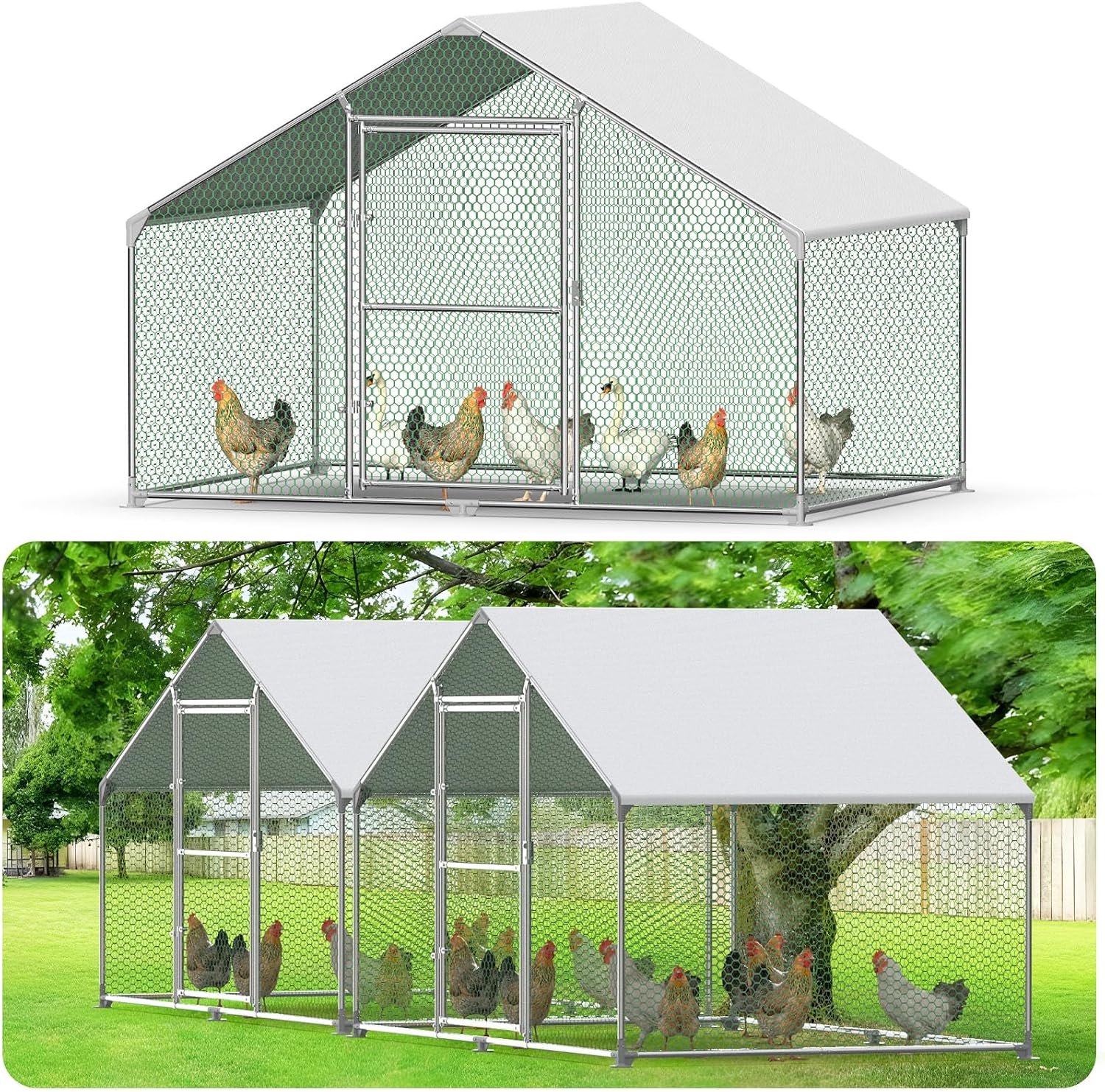 Kippenhok voor buiten, groot, van verzinkt metaal, kippenhok met slot, kippenhok voor buiten, met dak van polyethyleen, zonwering, 8 x 3 x 2 m
