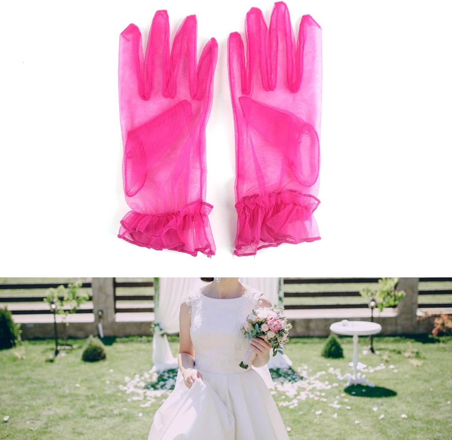 Een paar kanten handschoenen, bruiloft gegolfde tule mesh handschoen voor bruiloft partij handschoenen korte prom, roze rood