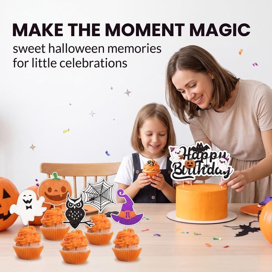 25 stuks Halloween-taartdecoraties voor verjaardag, set met 1 grote Happy Birthday-topper en 24 glinsterende cupcake-toppers voor taarten, muffins en themafeesten, pompoen, geest, heks — afbeelding 2
