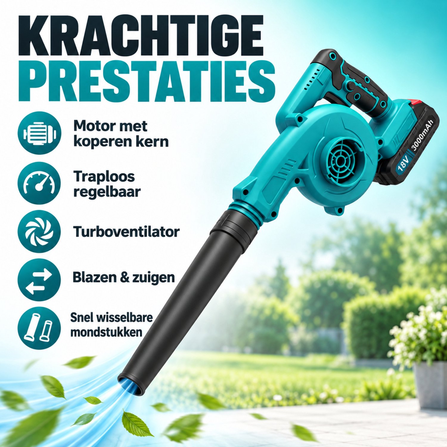 Accu Bladblazer en Bladzuiger 2-in-1 – Draadloze Handblazer 18V met 2x 3.0Ah Accu, Oplader, Opvangzak en Opzetstukken – Voor Tuin, Terras, Oprit, Auto en Werkplaats – foto 8