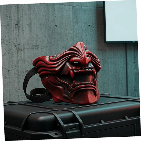 Half Face Japanese Samurai Mask Lichtgewicht Latex Demon Mask met Donkerrood Relief Ademend Flexibel voor Halloweenfeest Cosplay Podiumgebruik — afbeelding 5