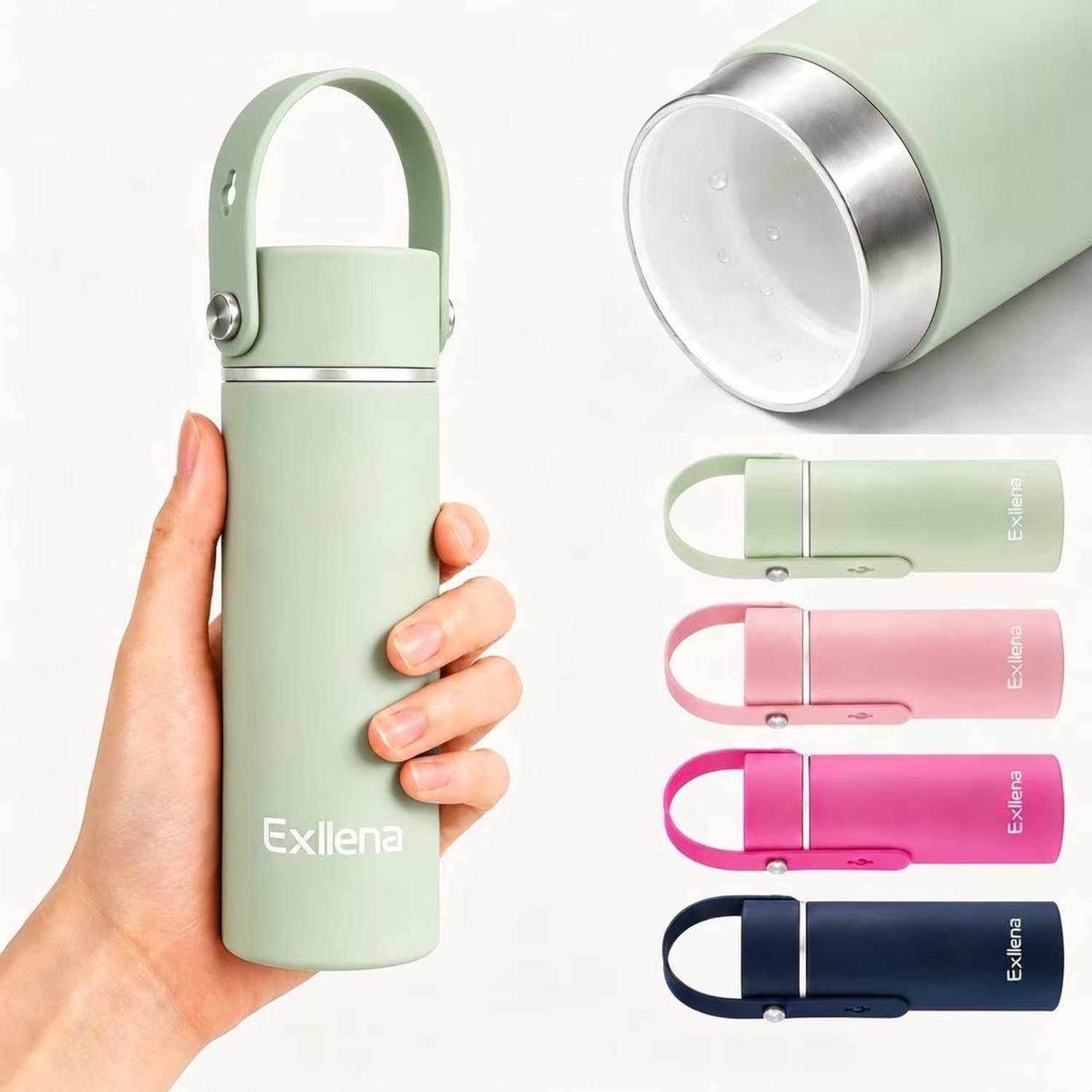 Exllena 300ml Small Water Bottle Ceramic Lined with Adjustable Silicone Handle Made of 100% Stainless Steel (Case + Lid), Mini Metal Water Bottle for