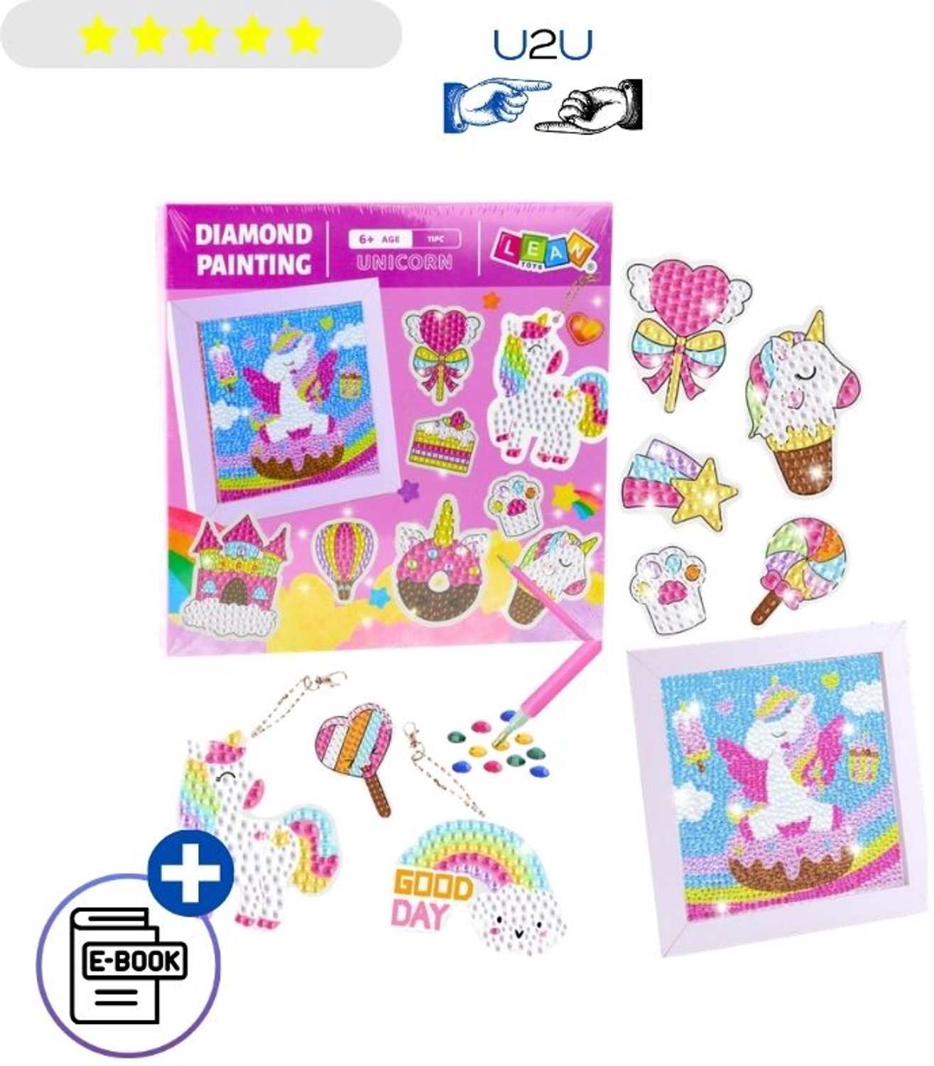 Diamond Painting Set Unicorn – Creatieve Diamond Mosaics Knutselset met Stickers, Sleutelhangers en Fotolijst, Glanzende Diamantjes voor Kinderen en Volwassenen, Unicorn Cookie Corner, Creatief Hobby Cadeau voor Meisjes en Jongens Met Ebook