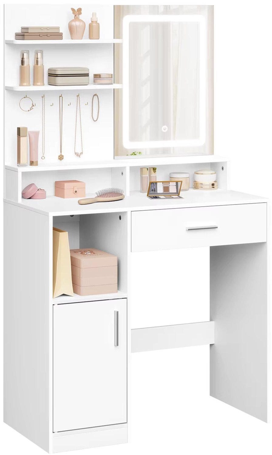 Whoopr® Kaptafel met Spiegel & LED-Verlichting – Make-up Tafel met Lade, Opbergkast & 3 Planken – Make-up Meubel voor Slaapkamer – Wit – 80 × 40 × 140 cm