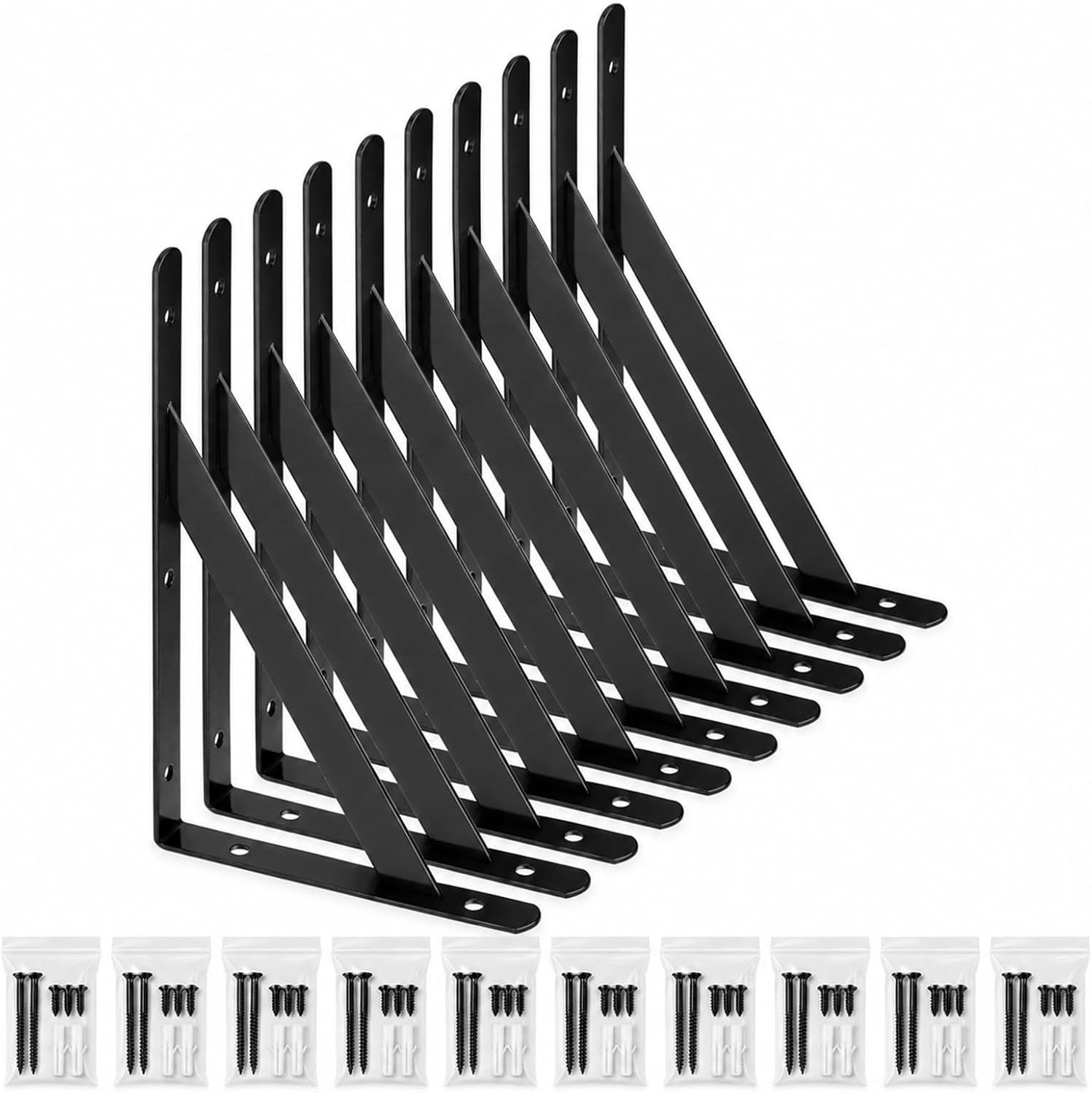 Stevige Wandplank Steun, Set van 10 Driehoekige Beugels van Staal, Hoekbeugels 200 mm x 120 mm met 50 Schroeven en 20 Pluggen (Zwart) voor Muurplanken en Opbergruimte