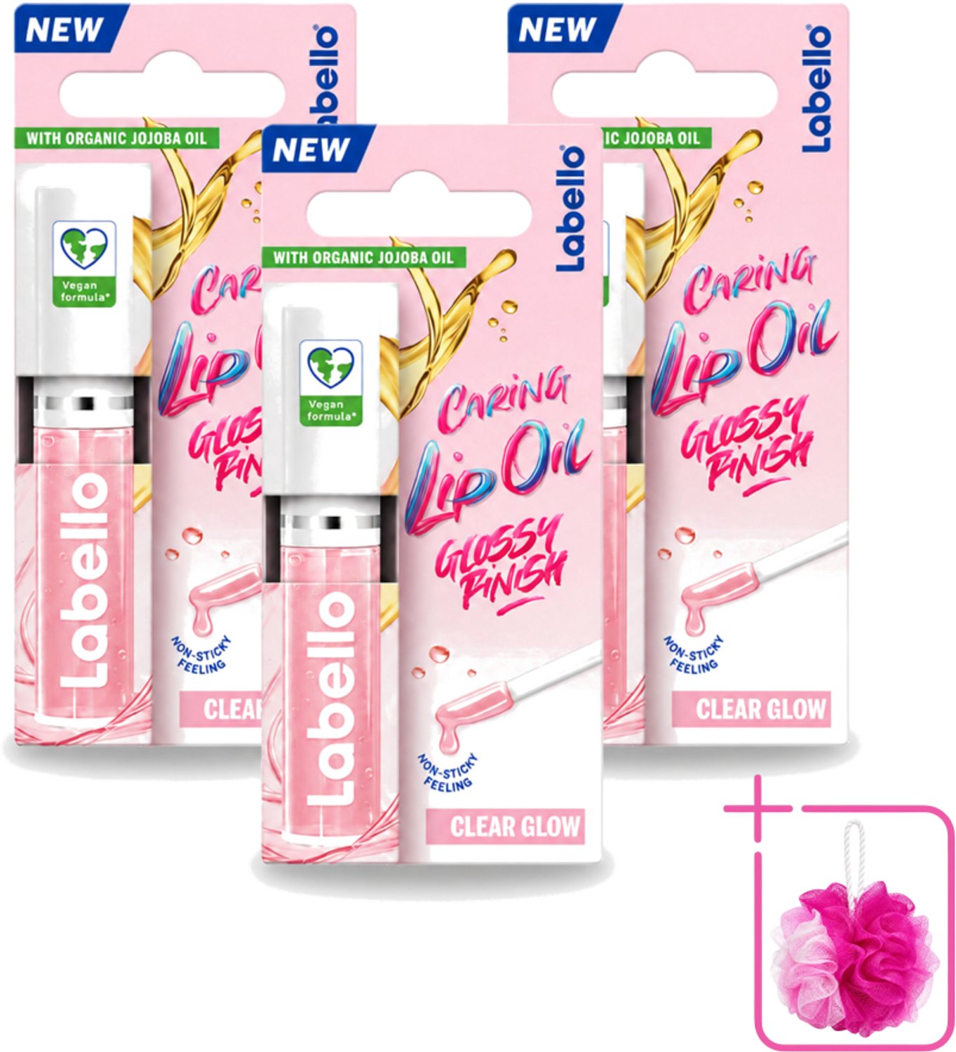 3 x Labello –Caring Lip Oil – Clear Glow – 5,5 ml - Bulkverpakking - Lippenbalsem - Douchemop - Lipolie
