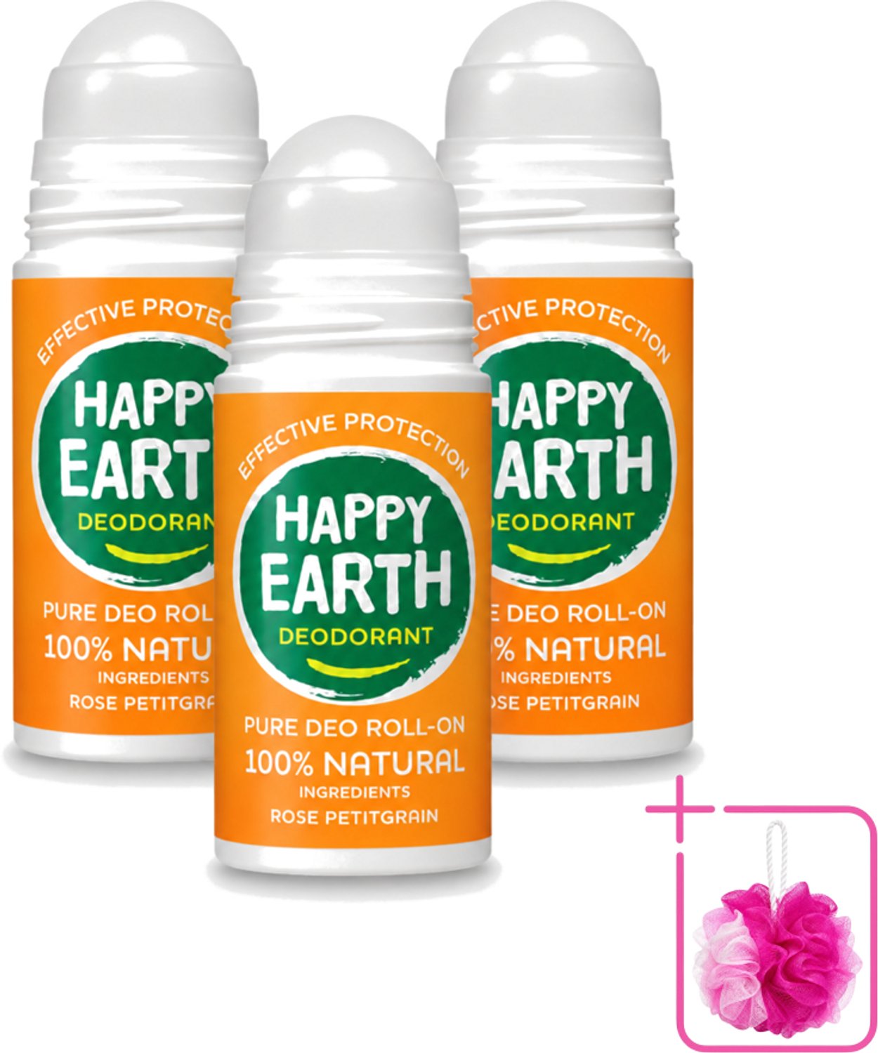 3 x Happy Earth – Deodorant Roll-On – 100% Natuurlijk Rose Petitgrain – 75 ml - Bulkverpakking - Natuurlijke deodorant - Roll-on deodorant