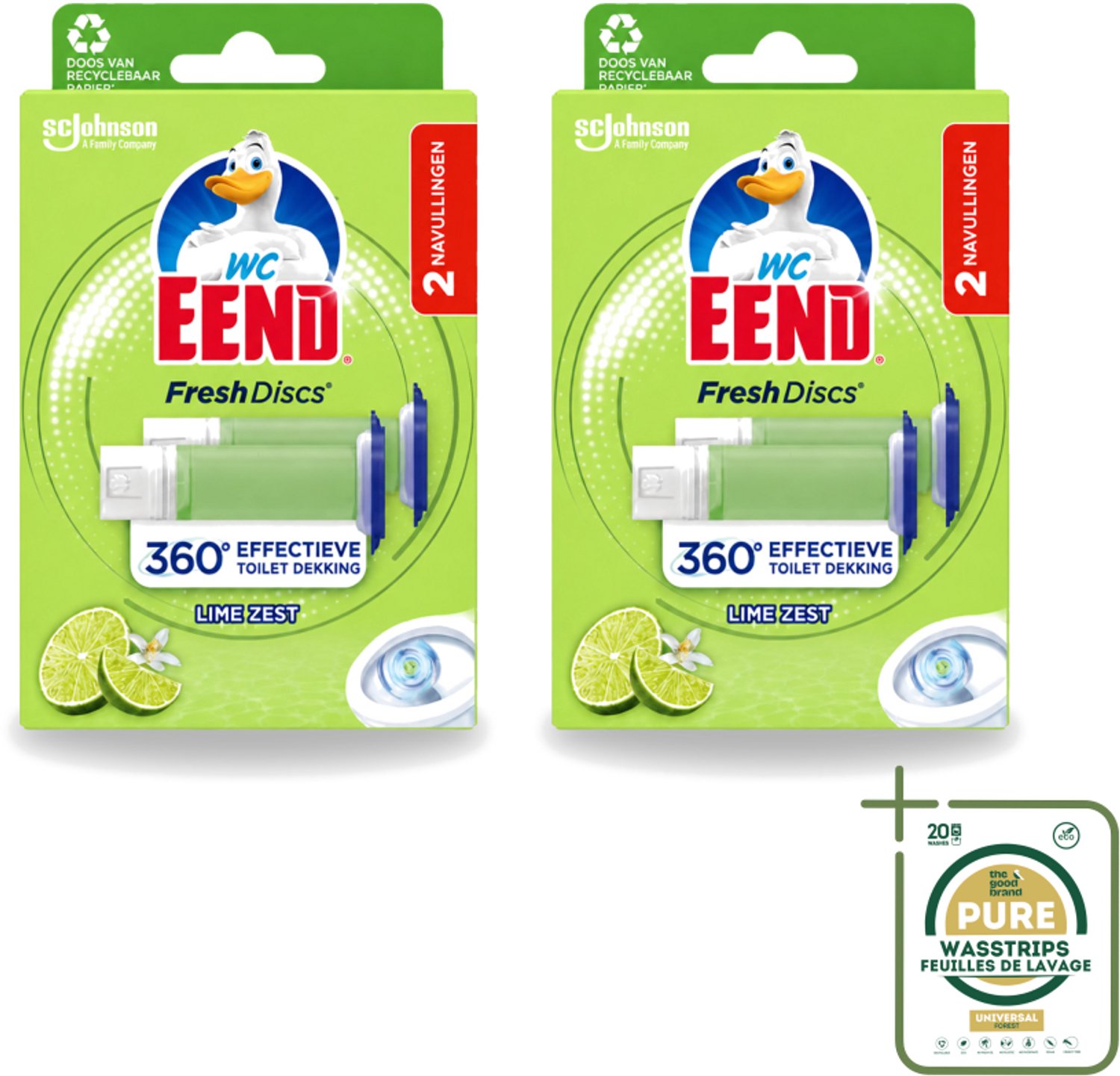2 x WC Eend – Fresh Discs – Duo Navulling – Lime Zest – 72 ml - Wasstrips - Toilet Reinigen - Toilet Hygiëne - Toilet Blok - Toilet Navulling - Toilet Frisheid