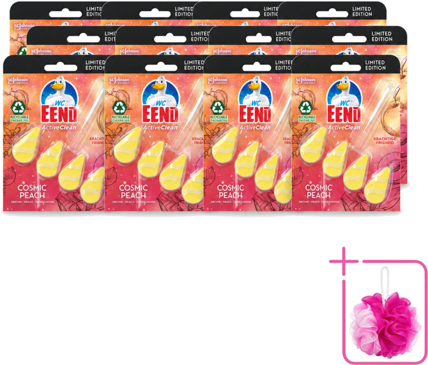 12 x WC Eend - Active Clean Cosmic Peach - Toiletblok - Fruitige Perzikgeur - 38 gr - Bulkverpakking - Toilet reinigen - Douchemop - Toilet blok
