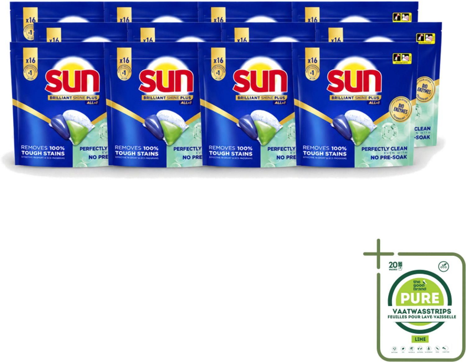 12 x Sun – Vaatwascapsules – Brilliant Shine+ All-in-1 – 16 capsules - Grootverpakking - Vaatwasstrips - Vaatwasmiddel - Vaatwascapsules - Schone Vaat - Glans - Droge Vaat