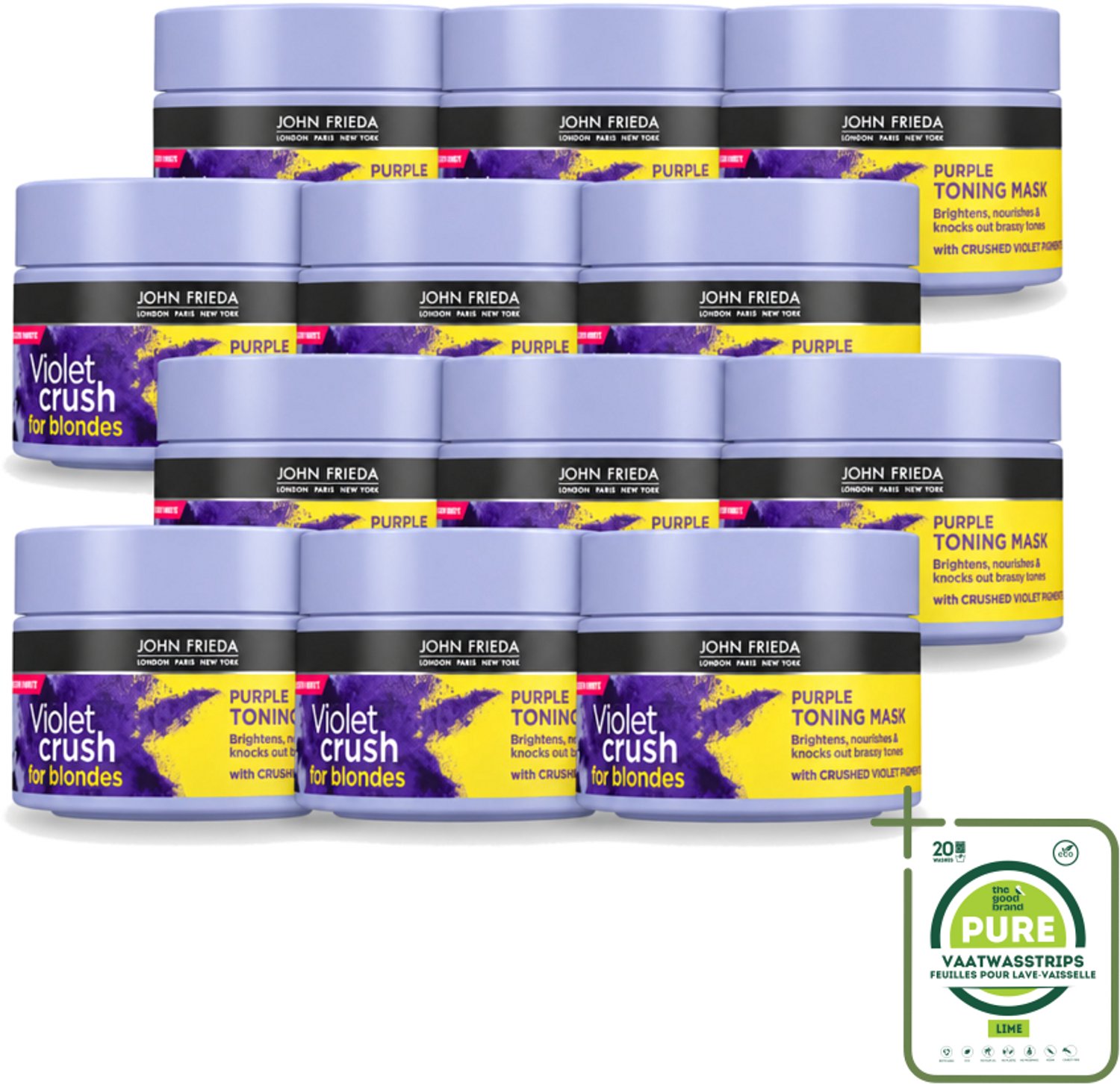 12 x John Frieda – Haarmasker – Violet Crush Purple Toning – Neutraliseert gele tonen – 250 ml - Grootverpakking - Gele Tonen Neutraliseren - Koele Blonde Tint - Haartoning - Haarmasker - Haarverzorging