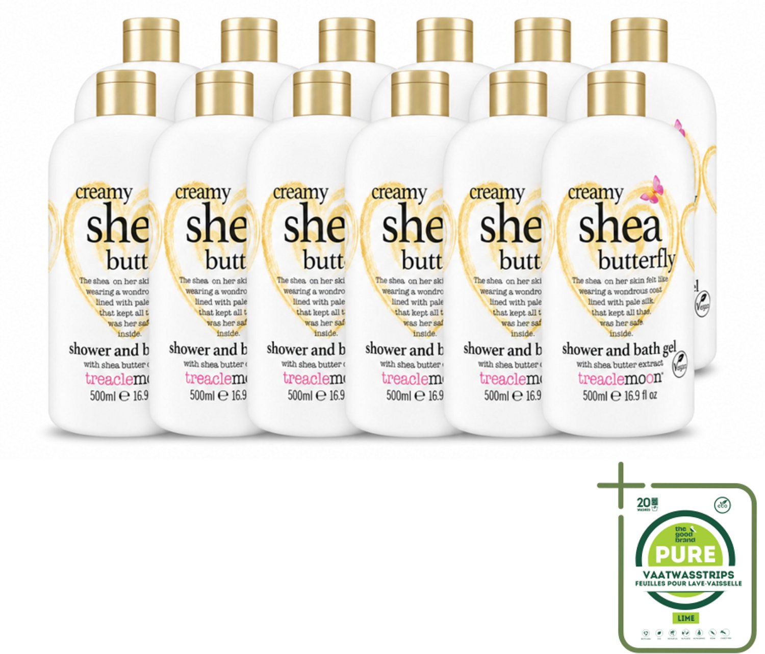 12 x Treaclemoon – Bad- & Douchegel – Creamy Shea Butterfly – 500 ml - Grootverpakking - Vaatwasstrips - Bad En Douchegel - Shea - Bloemige Geur - Ontspanning - Verzorging