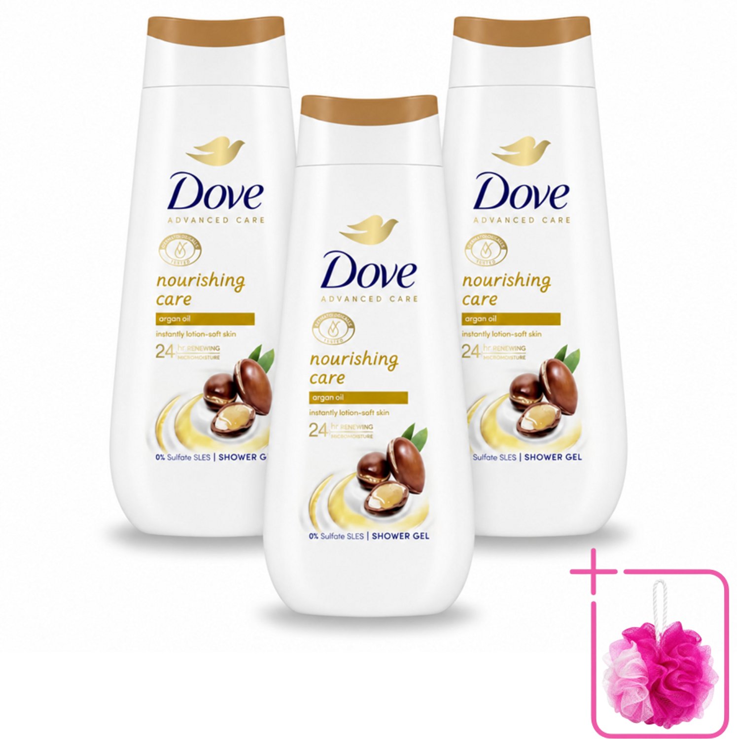 3 x Dove Douchecrème - Nourishing Care - Arganolie - 225 ml - Bulkverpakking - Douchegel - Douchemop - Voedende huid