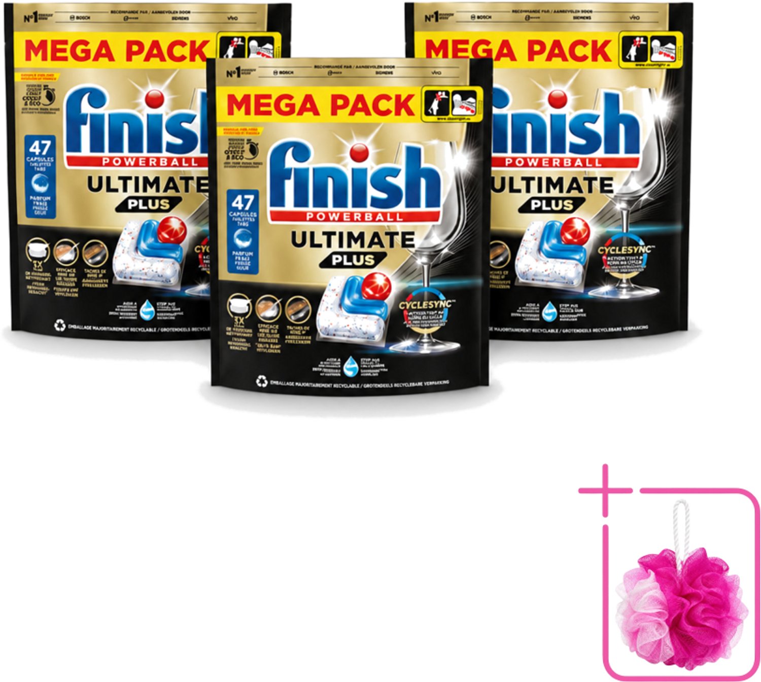 3 x Finish - Vaatwasmiddel - Ultimate Plus All in One Regular - Krachtige Alles-in-1 Reiniging - 47 capsules - Bulkverpakking - Vaatwasmiddel - Douchemop - Vaatwasser