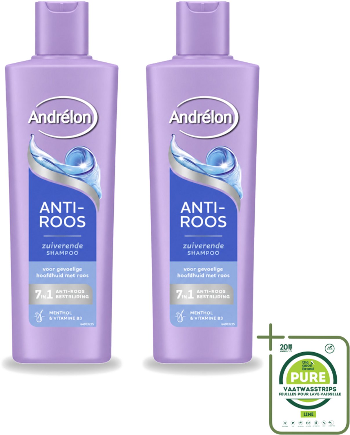 2 x Andrélon – Shampoo – Anti Roos – 250 ml - Grootverpakking - Vaatwasstrips - Roos Haar - Roos Hoofdhuid - Anti-roos Shampoo - Menthol Shampoo - Vitamine B3 Shampoo