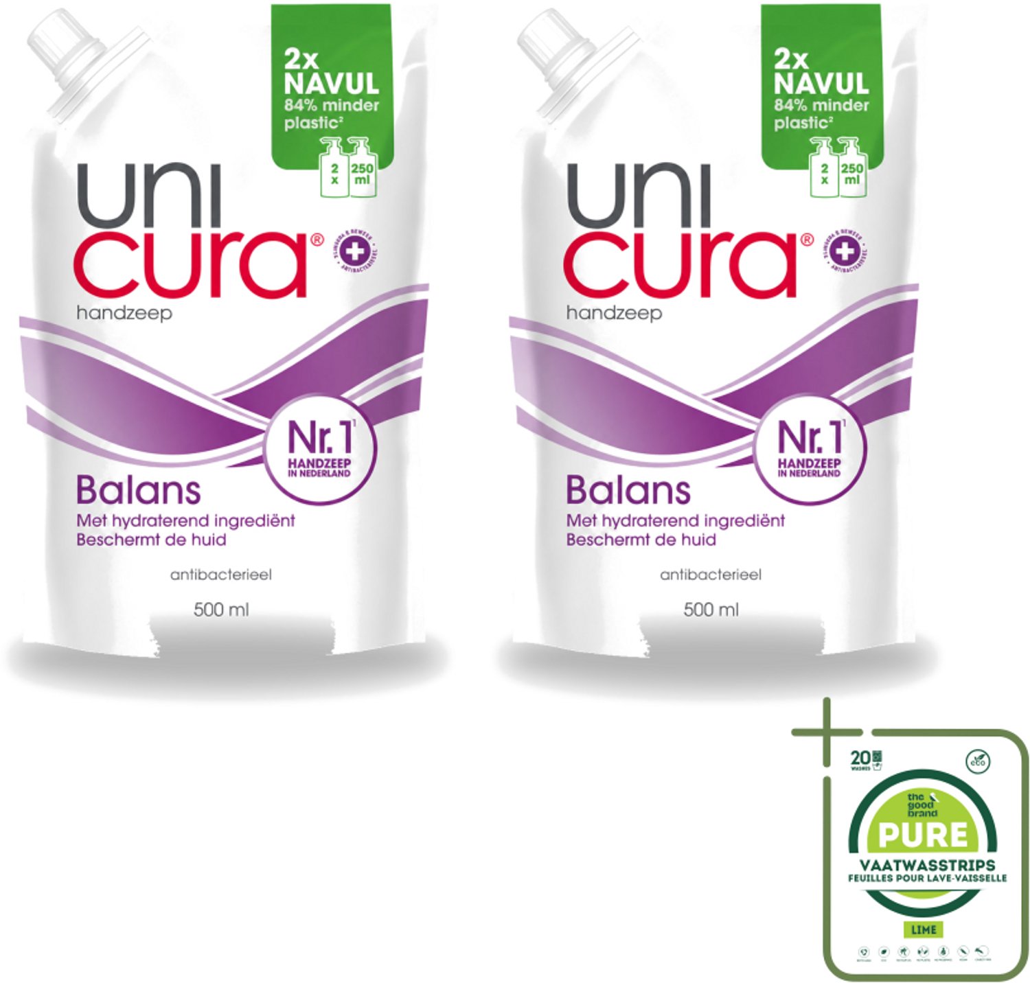 2 x Unicura – Vloeibare Handzeep Navulling – Balans – 500 ml - Grootverpakking - Vaatwasstrips - Handzeep - Antibacterieel - Zeepnavulling - Huidbescherming - Handen Reinigen