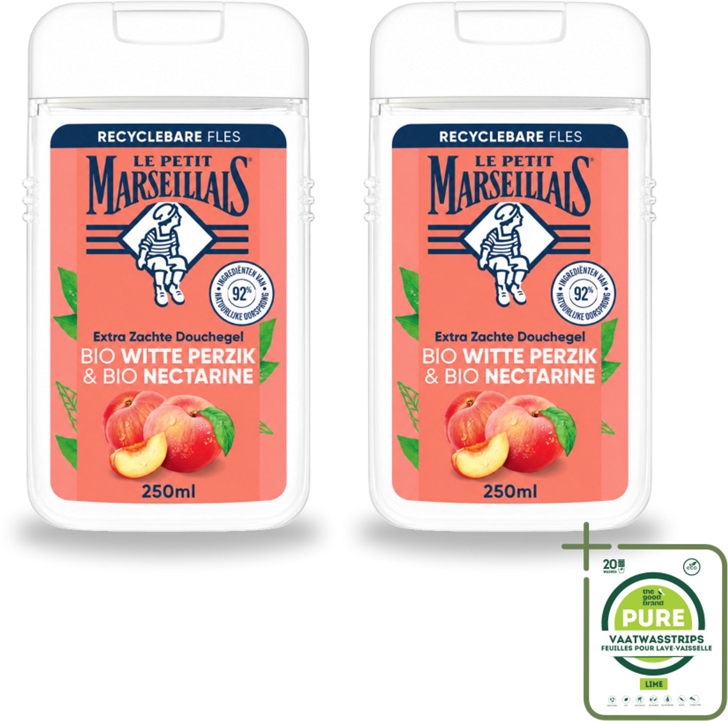2 x Le Petit Marseillais – Douchegel – Bio Perzik & Nectarine – Verfrissend – 250 ml - Grootverpakking - Vaatwasstrips - Douchegel Bio Perzik En Nectarine - Frisse Douchegel - Bio Douchegel - Fruitige Douchegel - Perzik En Nectarine Douchegel
