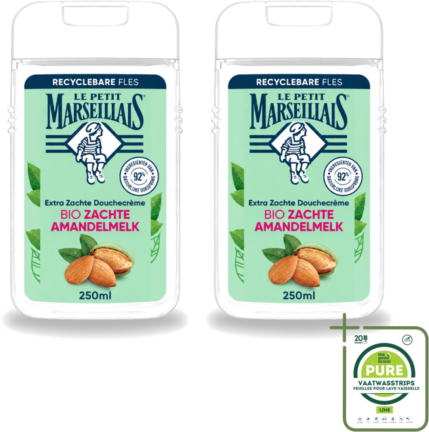 2 x Le Petit Marseillais – Douchecrème – Zoete Amandel – Hydraterend – 250 ml - Grootverpakking - Vaatwasstrips - Douchecrème - Amandel - Hydraterend - Voedend - Zachte Reiniging