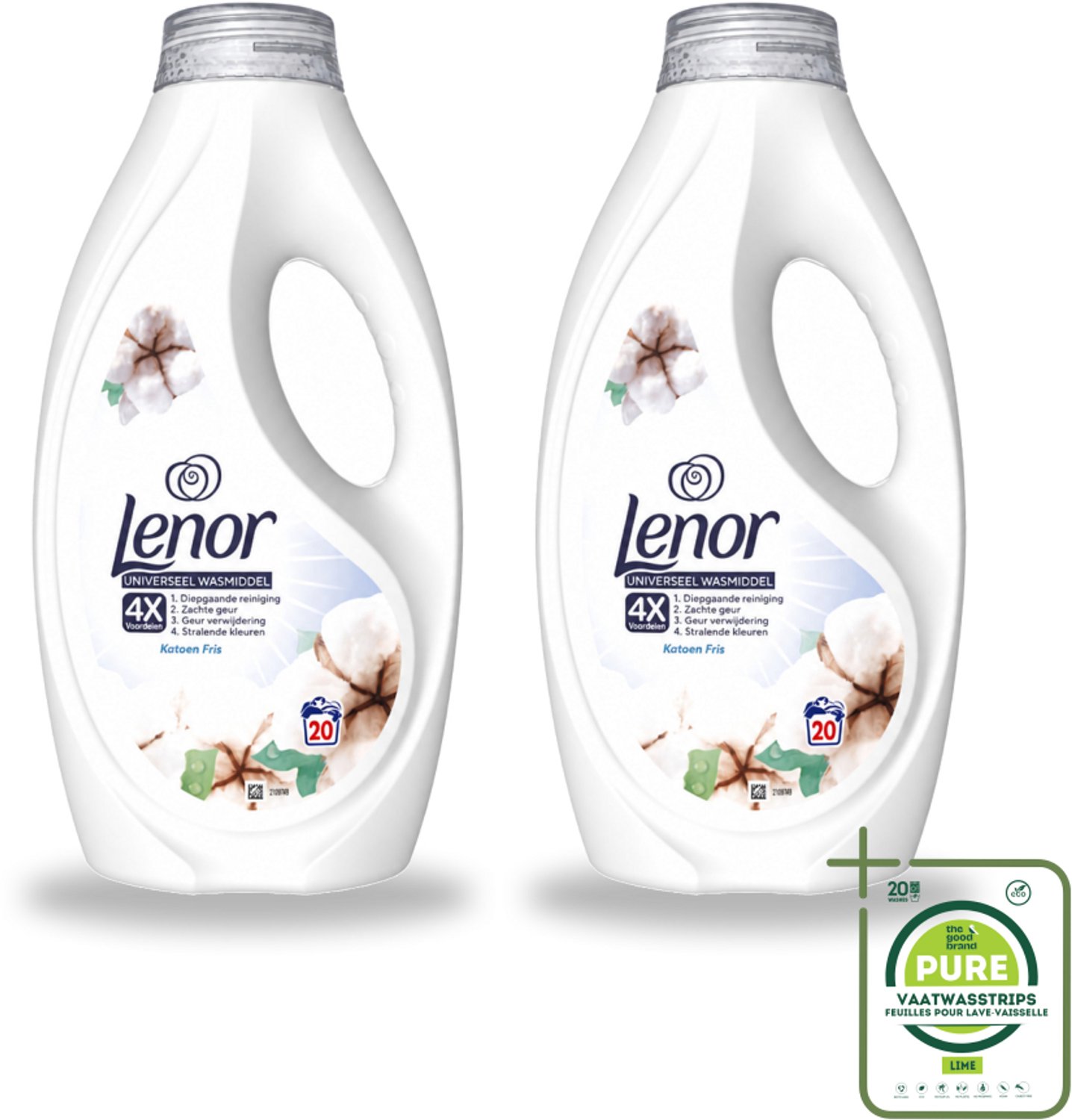2 x Lenor – Wasmiddel – Katoen Fris – 20 Wasbeurten - 900 ml - Grootverpakking - Vaatwasstrips - Wasmiddel Katoen - Fris Wasmiddel - Wasmiddel Voor Katoen - Wasmiddel Met Geur - Wasmiddel Voor Kleding