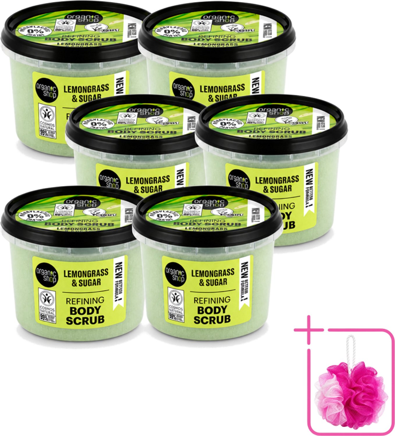 6 x Organic Shop - Body Scrub Lemongrass - Verfrissend en Verzorgend - 250 ml - Bulkverpakking - Bodyscrub - Douchemop - Exfoliatie