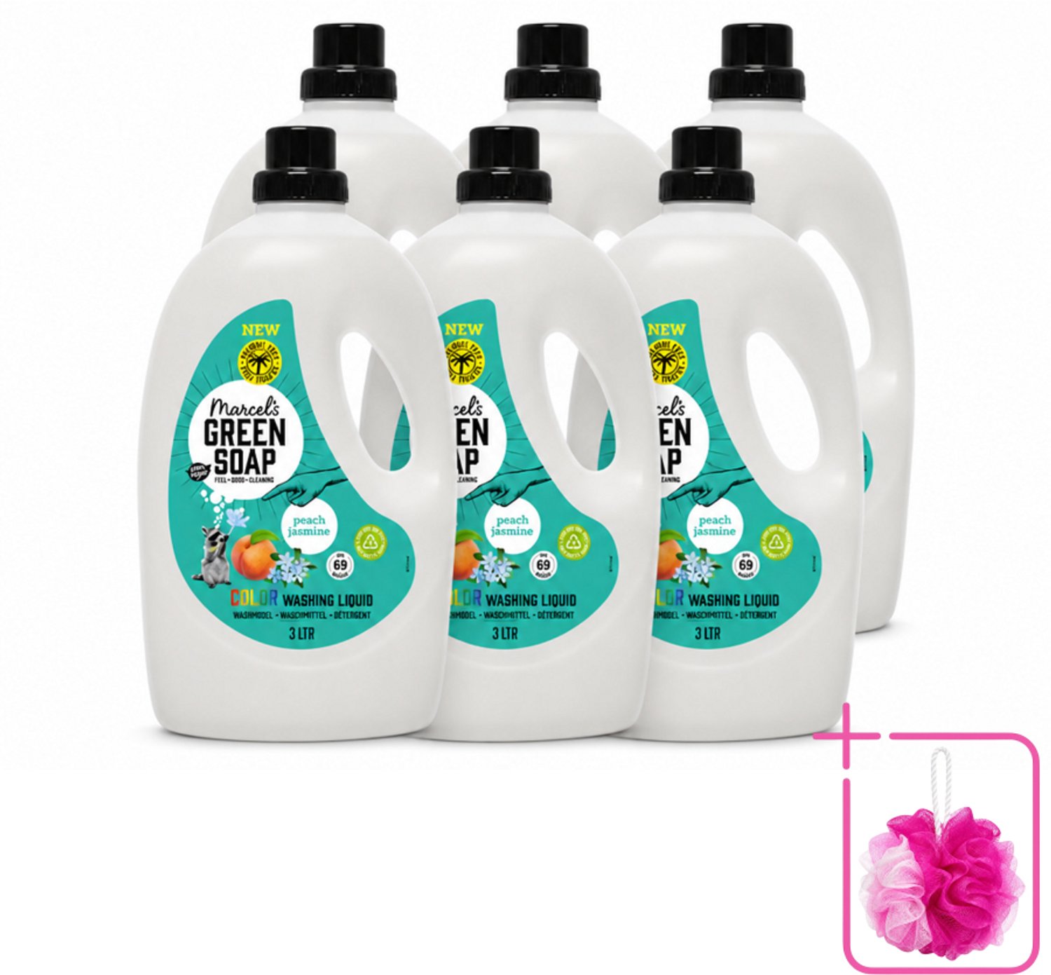 6 x Marcel's Green Soap - Vloeibaar Wasmiddel - Kleurwas - Perzik & Jasmijn - Natuurlijk & effectief - 69 wasbeurten - 3 liter - Bulkverpakking - Vloeibaar wasmiddel - Douchemop - Gekleurd was