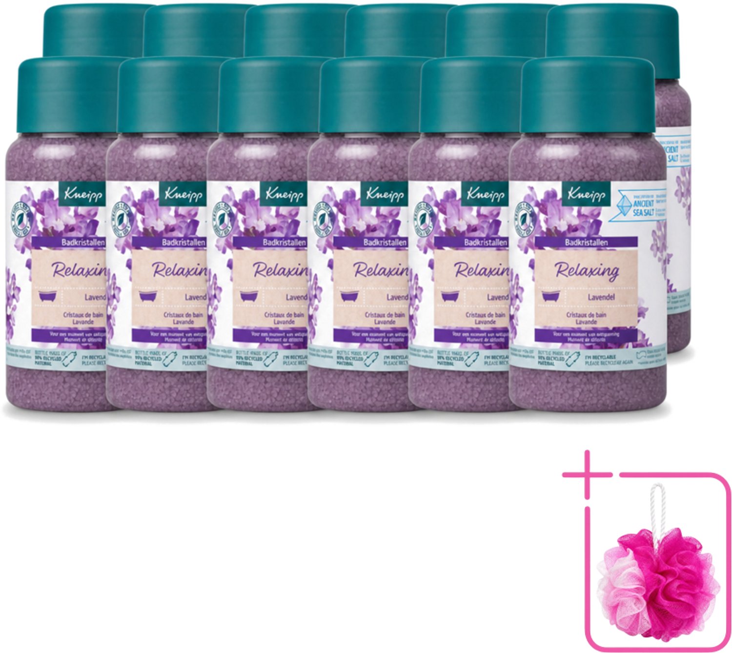 12 x Kneipp - Badzout - Badkristallen - Lavendel - 600 g - Bulkverpakking - Badkristallen - Douchemop - Ontspanning