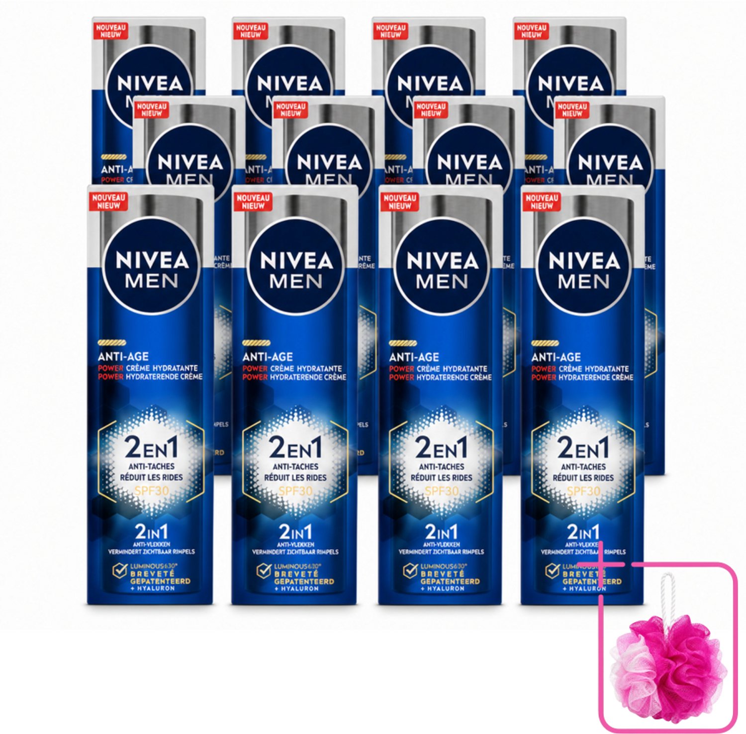 12 x NIVEA MEN - Anti-Age 2in1 Power - Hydraterende Crème Gezicht SPF 30 - 50 ml - Bulkverpakking - Anti-ouderdom - Douchemop - Hydratatie