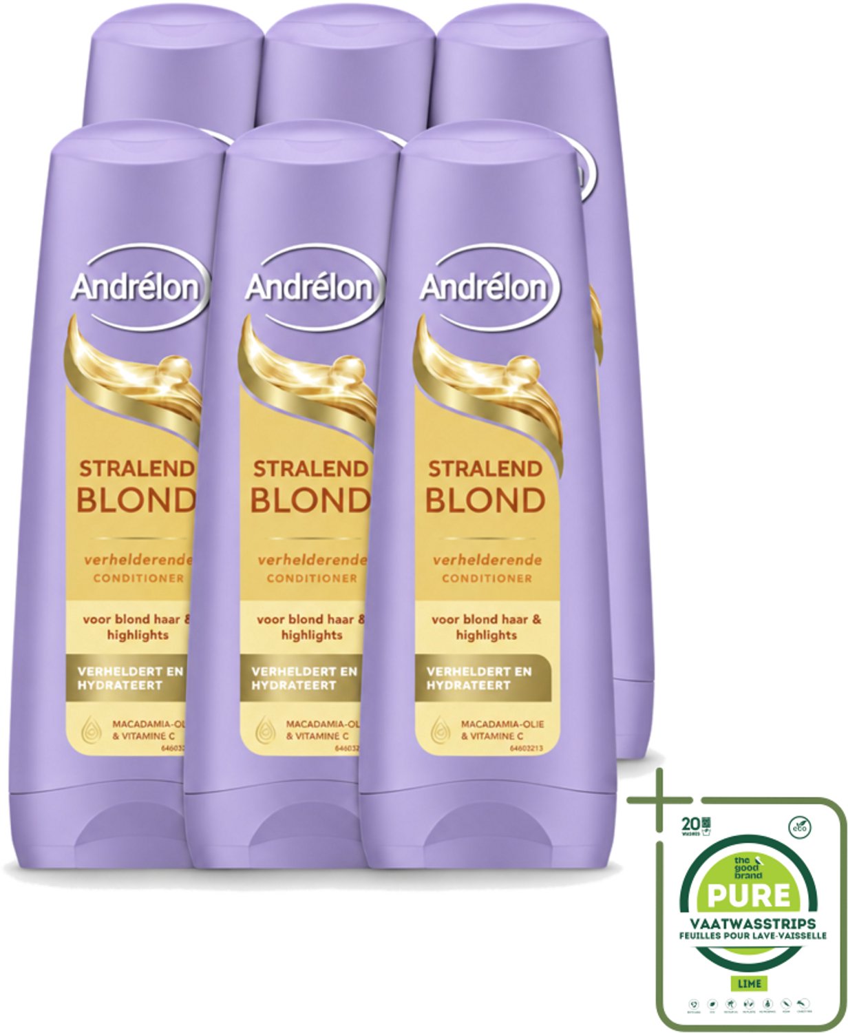 6 x Andrélon – Conditioner – Stralend Blond – 200 ml - Grootverpakking - Vaatwasstrips - Blond Haar Verzorgen - Verhelderen - Glans - Levendigheid - Kleuraccenten