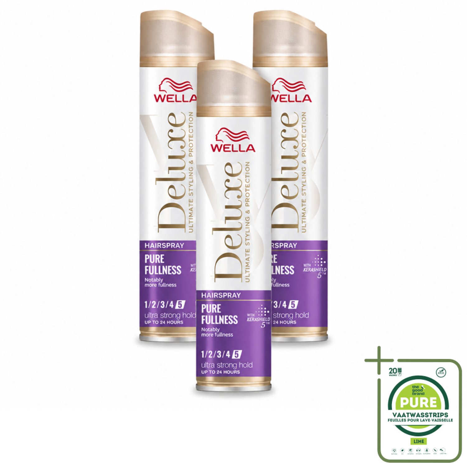 3 x Wella – Deluxe Pure Fullness – Haarspray – 250 ml - Grootverpakking - Vaatwasstrips - Haarspray - Volume - Glans - Hittebescherming - UV Bescherming