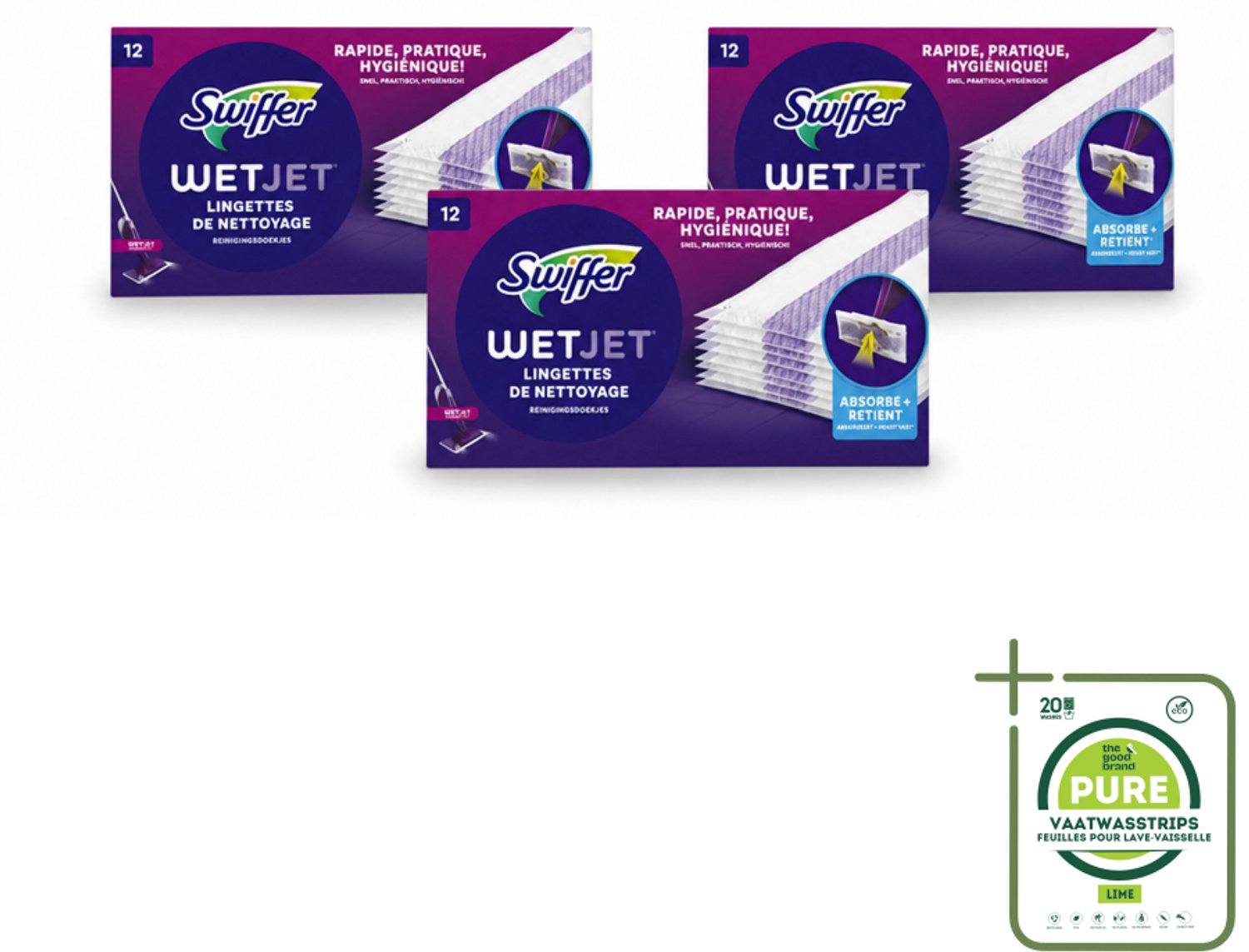 3 x Swiffer - WetJet – Reinigingsdoekjes – Navullingen – 12 doekjes - Grootverpakking - Vaatwasstrips - Absorberende Navuldoekjes - Spraymop Doekjes - Vloer Reinigen - Vuil Opnemen - Vet Opnemen