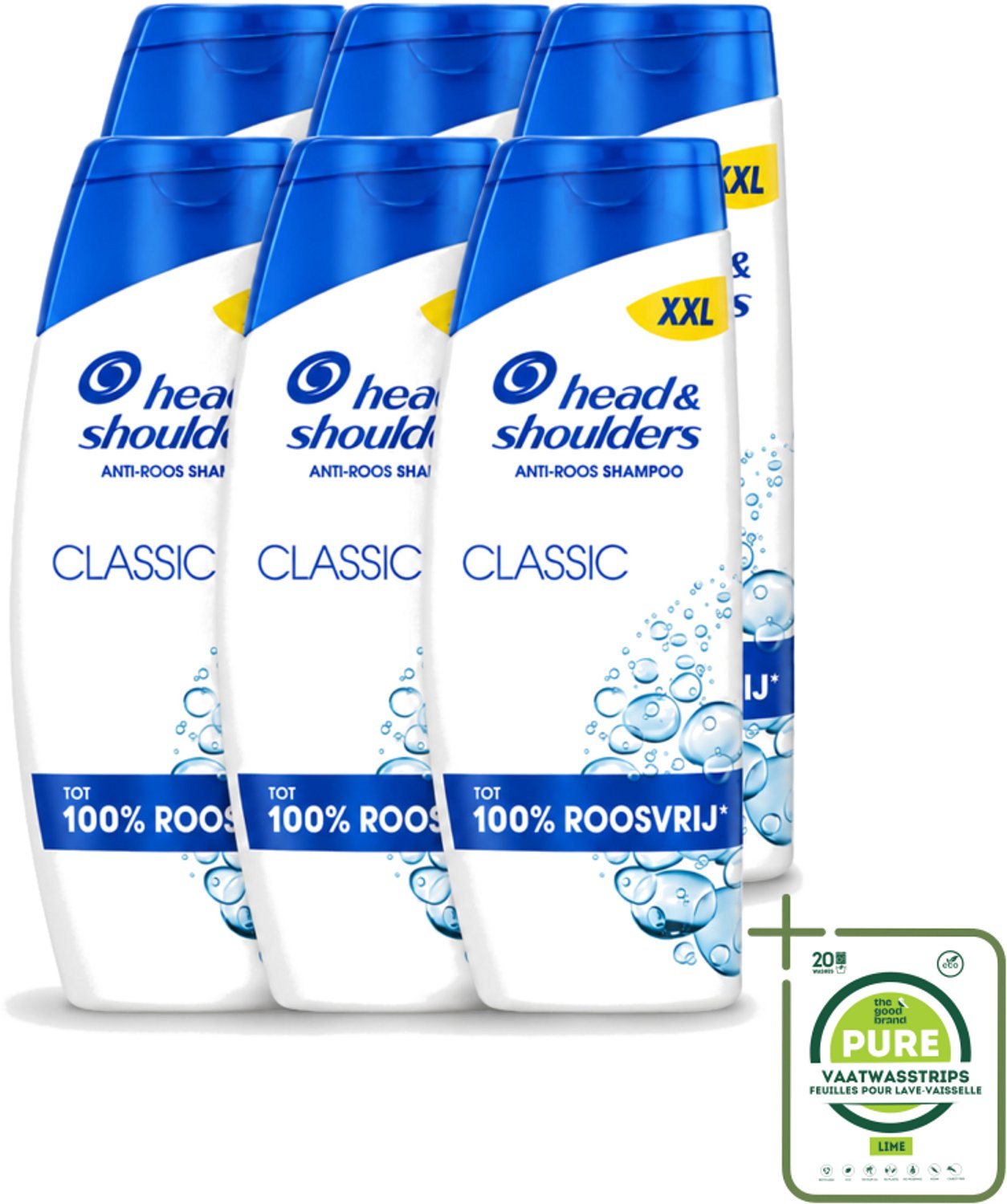 6 x Head & Shoulders – Shampoo – Classic – 625 ml - Grootverpakking - Vaatwasstrips - Anti-roos Shampoo - Roosvrij Haar - Gezonde Hoofdhuid - Fris Haar - Microbioom Balans