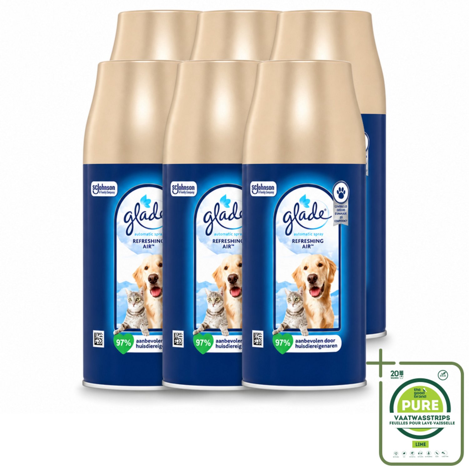 6 x Glade – Automatic Spray Navulling – Refreshing Air Huisdieren – 269 ml - Grootverpakking - Vaatwasstrips - Huisdieren Geur - Dierengeur Neutraliseren - Luchtverfrisser - Frisse Geur - Automatische Spray