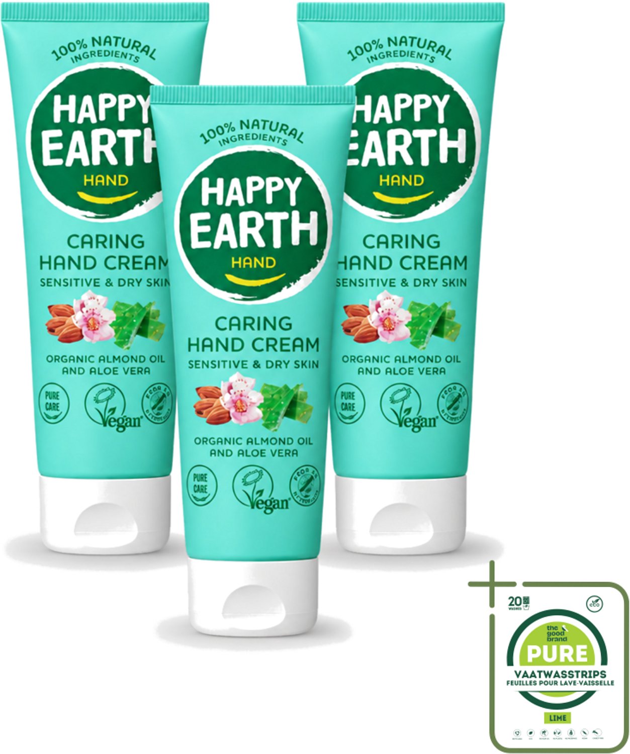 3 x Happy Earth – Handcrème – 100% Natuurlijk – 75 ml - Grootverpakking - Vaatwasstrips - Natuurlijke Handcrème - Vegan Handcrème - Handverzorging - Droge Handen - Huidverzorging