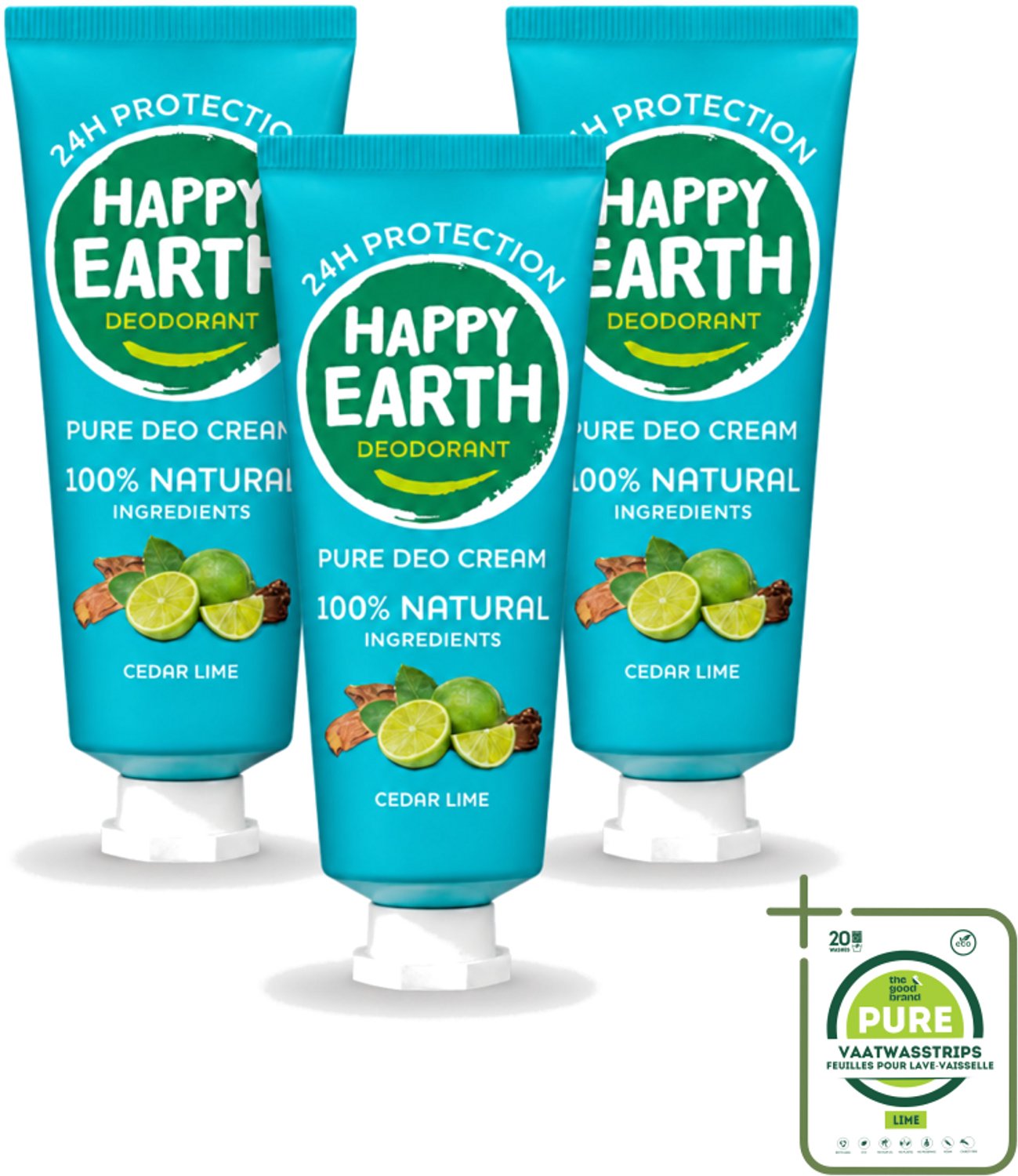 3 x Happy Earth – Deodorant Cream – 100% Natuurlijk Cedar Lime – 40 ml - Grootverpakking - Natuurlijke Deodorant - Deodorant Crème - Frisse Geur - Cederhout - Limoen