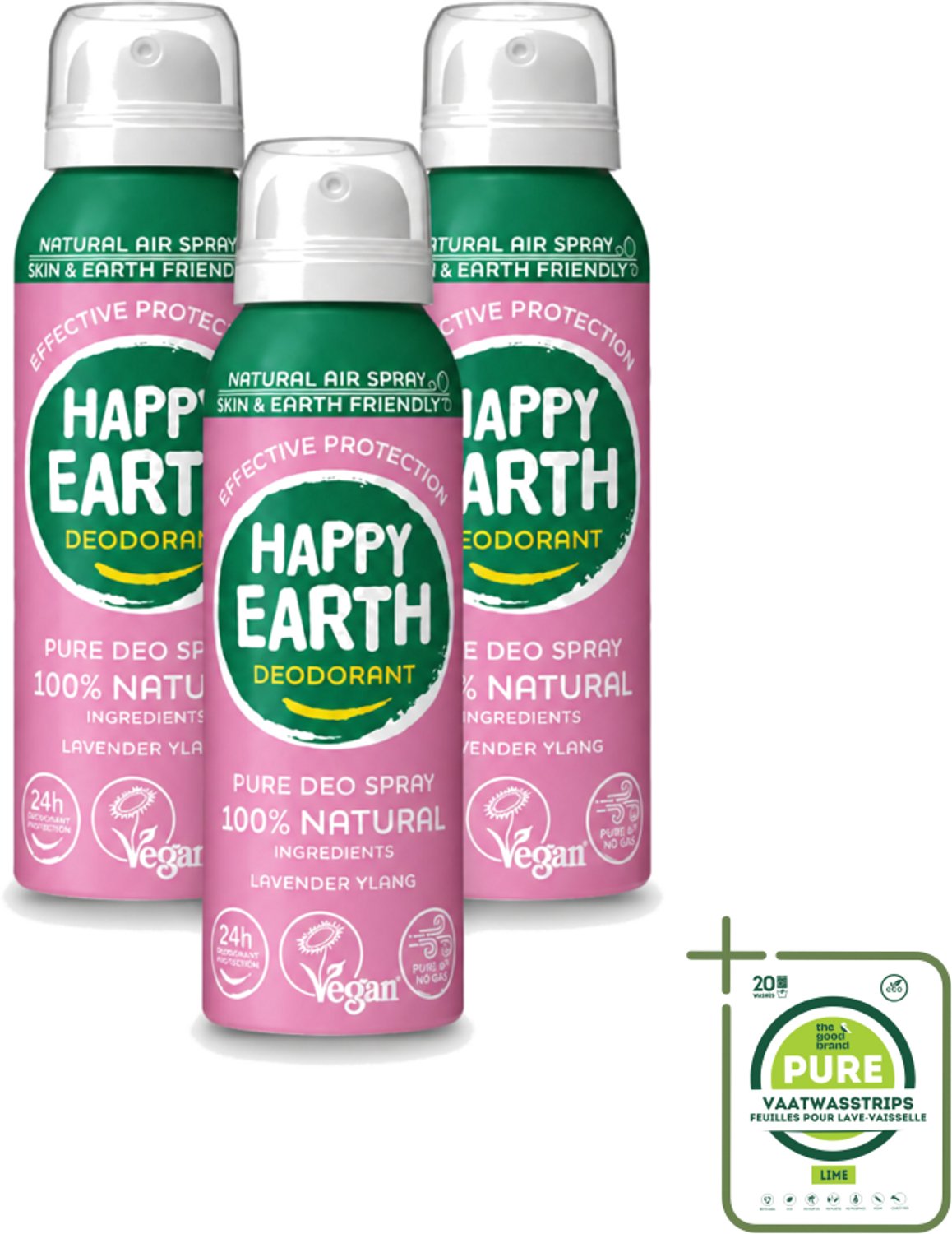 3 x Happy Earth – Deodorant Spray – 100% Natuurlijk Lavender Ylang – 100 ml - Grootverpakking - Natuurlijke Deodorant Spray - Luchtdeodorant - Frisse Geur - Lavendel - Ylang-ylang